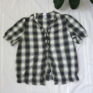 Green plaid grunge button down shirt with ruffle detail